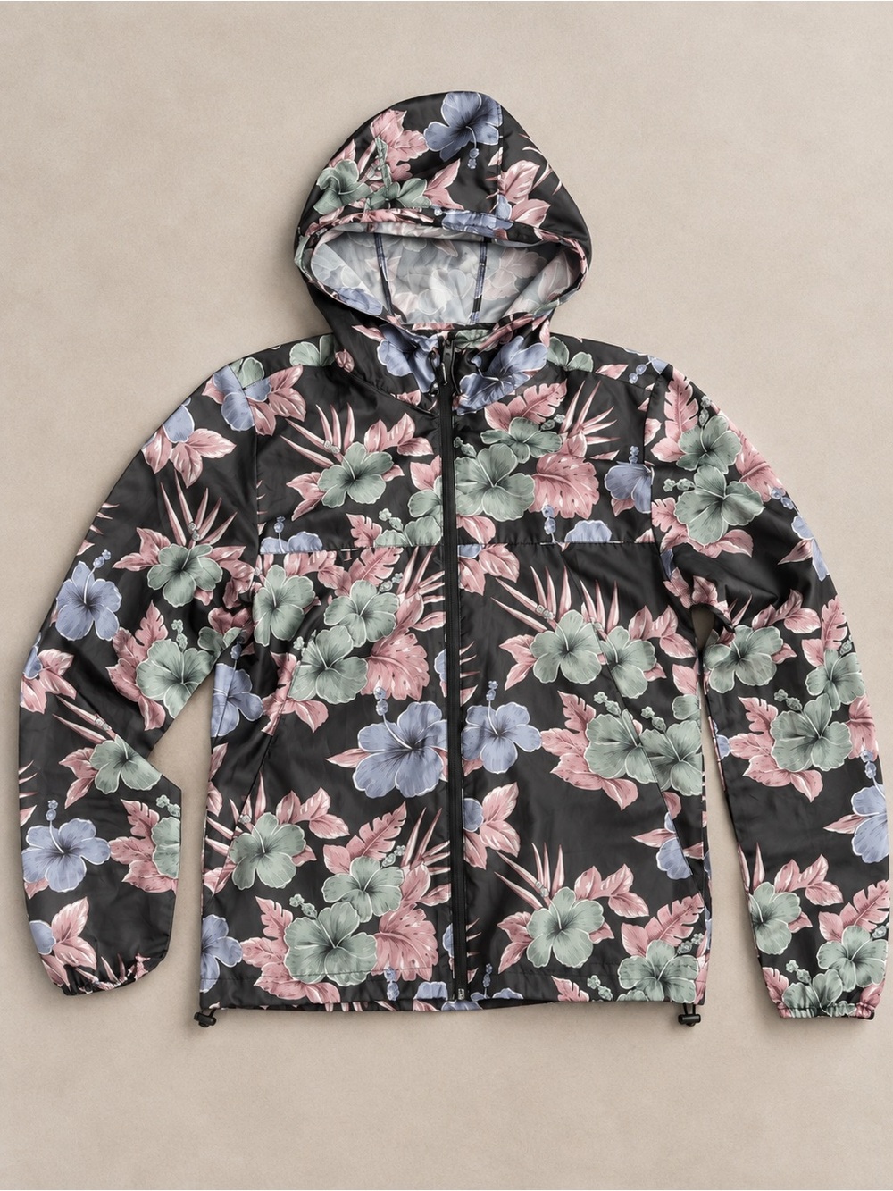 Unisex Floral Packable Hooded Windbreaker - Black Floral